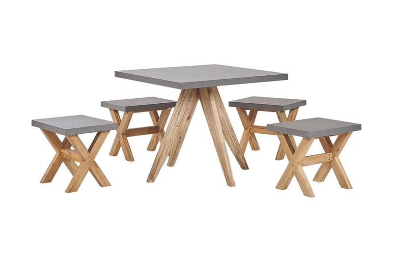 Trädgårdsset av Utebord och 4 pallar 90 x 90 cm OLBIA - Grå - Utemöbler - Utegrupp - Caféset