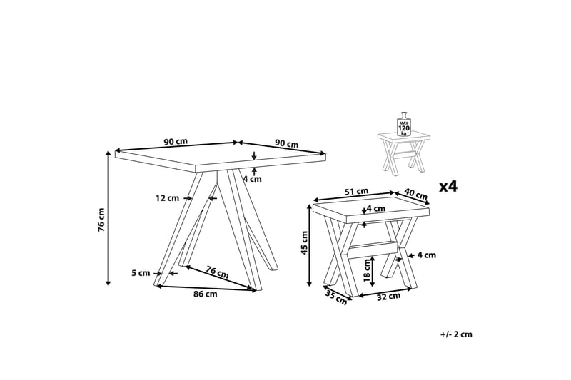 Trädgårdsset av Utebord och 4 pallar 90 x 90 cm OLBIA - Grå - Utemöbler - Utegrupp - Caféset