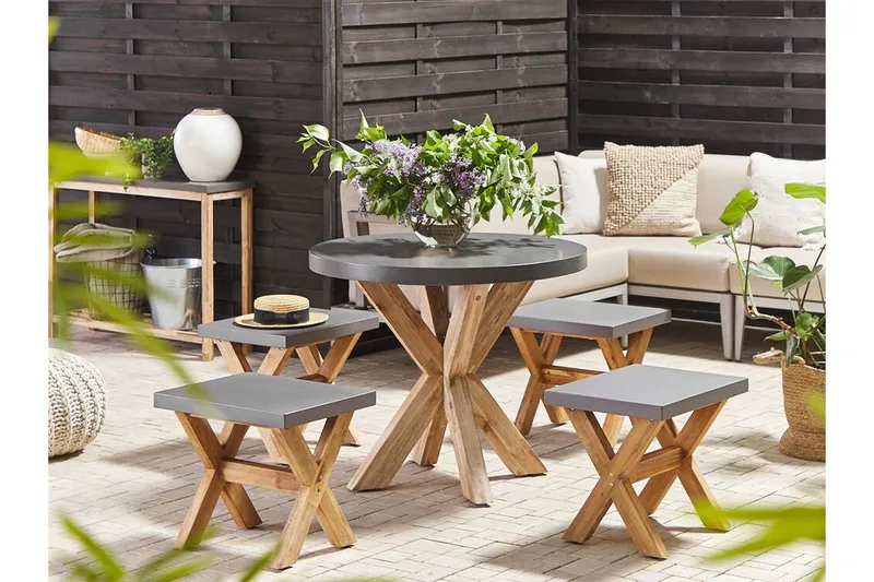 Trädgårdsset av Utebord och 4 pallar¸ 90 cmOLBIA - Grå - Utemöbler - Utegrupp - Caféset