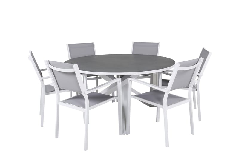 COPACABANA Matgrupp Utomhus Rund Ø140cm + 6 Karmstolar Utomhus Grå/Vit - Utemöbler - Utegrupp - Matgrupper utomhus