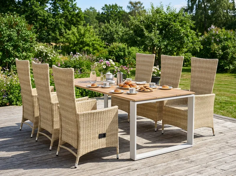 Devon utomhus matgrupp 210x100 cm med 6 Jenny matstolar - Beige/Teak - Utemöbler - Utegrupp - Matgrupper utomhus