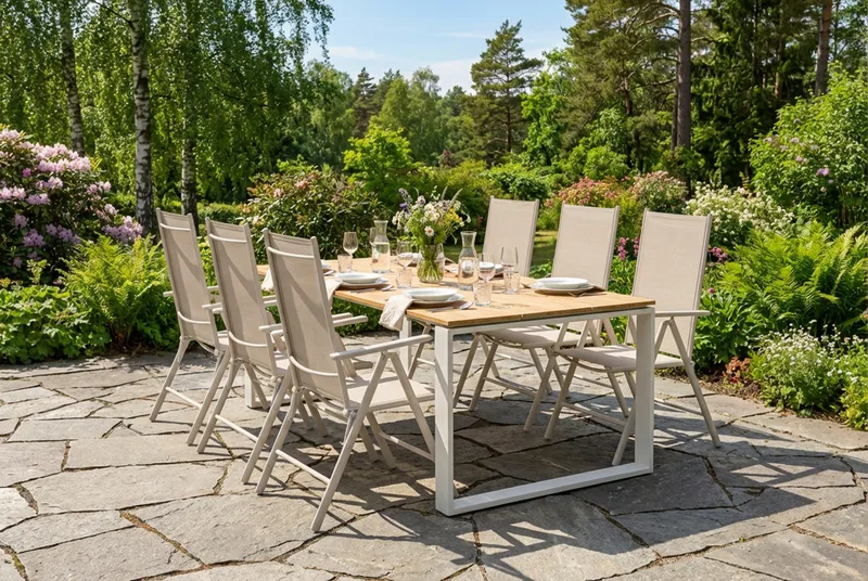 Devon utomhus matgrupp 210x100 cm med 6 Maggie positionsstolar - Beige/Teak - Utemöbler - Utegrupp - Matgrupper utomhus