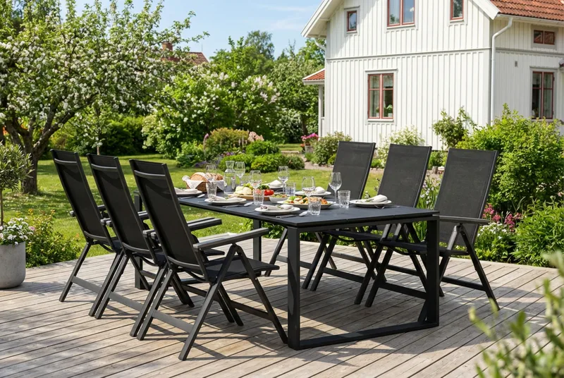 Devon utomhus matgrupp 210x100 cm med 6 Monaco Light positionsstolar - Svart - Utemöbler - Utegrupp - Matgrupper utomhus