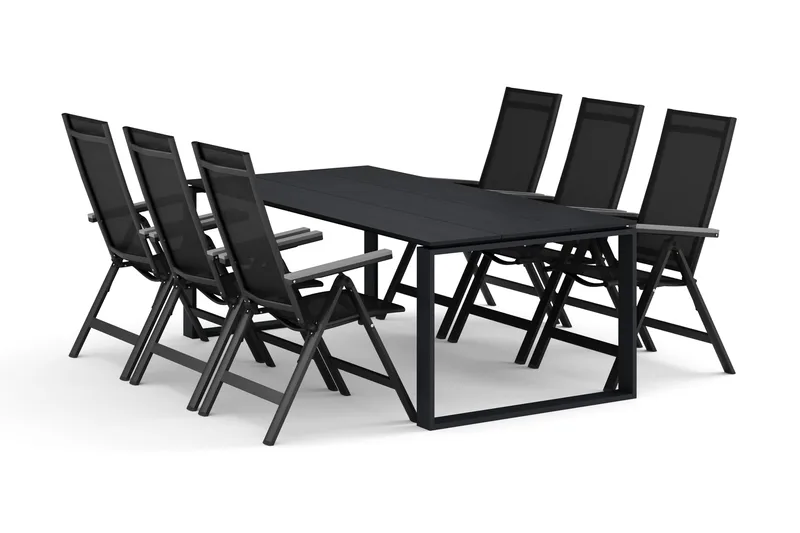 Devon utomhus matgrupp 210x100 cm med 6 Monaco Light positionsstolar, Svart
