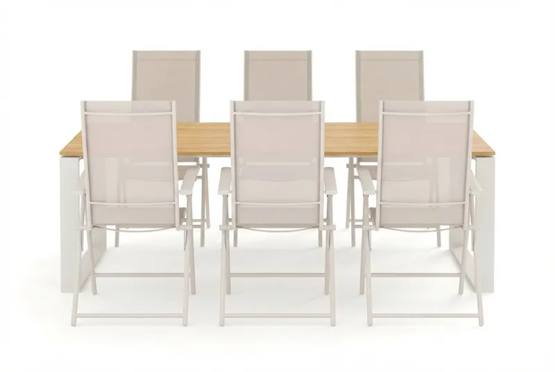 Devon utomhus matgrupp 210x100 cm med 6 Sanna positionsstolar - Beige/Teak - Utemöbler - Utegrupp - Matgrupper utomhus