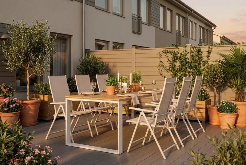 Devon utomhus matgrupp 210x100 cm med 6 Sanna positionsstolar - Beige/Teak - Utemöbler - Utegrupp - Matgrupper utomhus