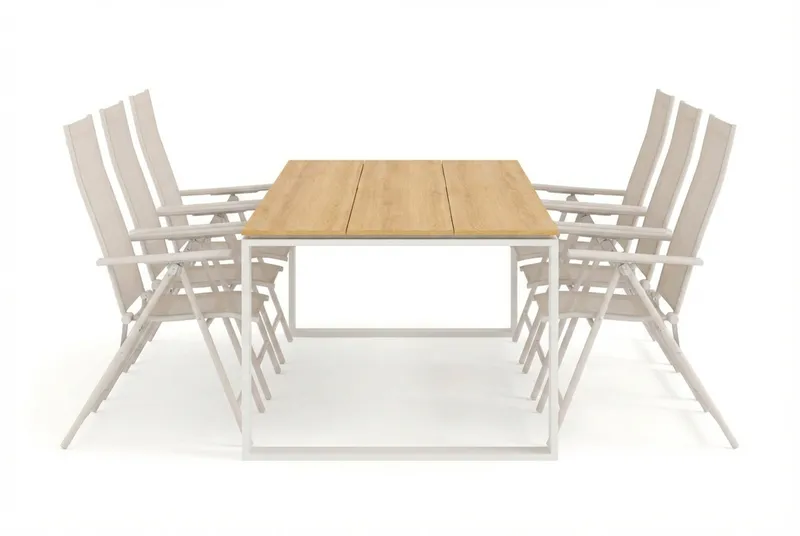 Devon utomhus matgrupp 210x100 cm med 6 Sanna positionsstolar - Beige/Teak - Utemöbler - Utegrupp - Matgrupper utomhus