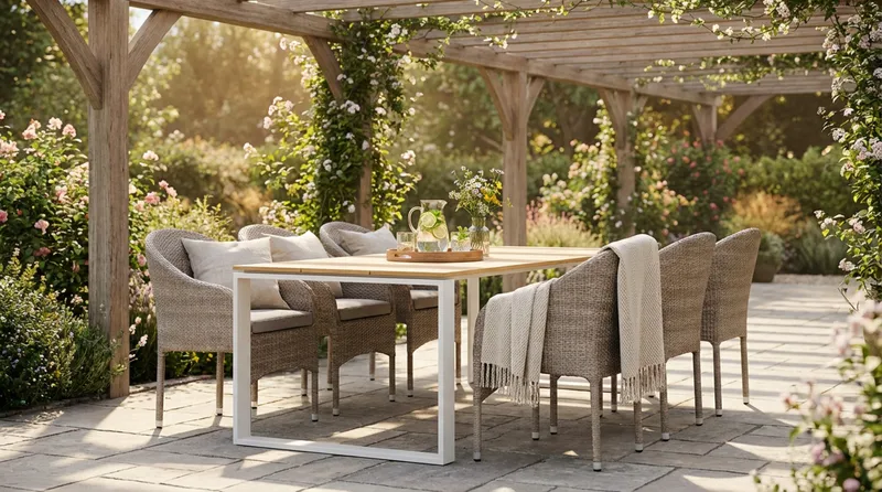 Devon utomhus matgrupp 210x100 cm med 6 Thor fåtöljer - Beige/Teak - Utemöbler - Utegrupp - Matgrupper utomhus