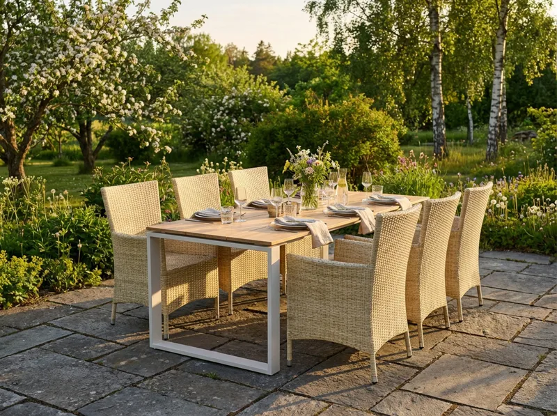 Devon utomhus matgrupp 210x100 cm med 6 Thor fåtöljer - Beige/Teak - Utemöbler - Utegrupp - Matgrupper utomhus