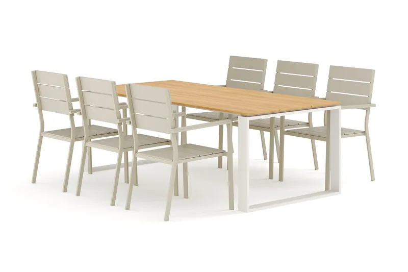 Devon utomhus matgrupp 210x100 cm med 6 Tunis stapelstolar, Beige/Teak