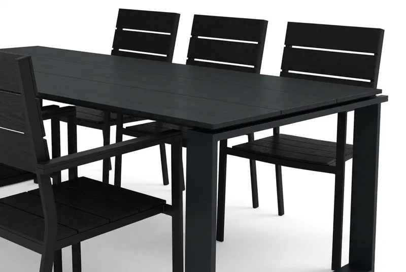 Devon utomhus matgrupp 210x100 cm med 6 Tunis stapelstolar - Svart - Utemöbler - Utegrupp - Matgrupper utomhus