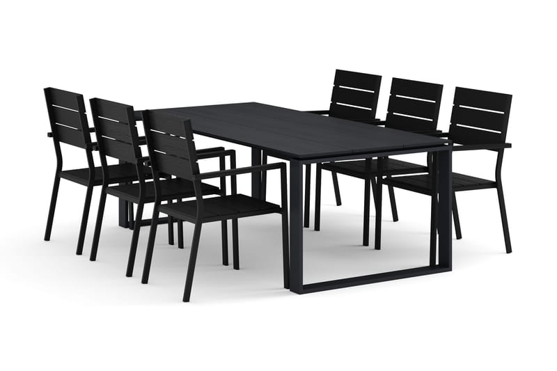 Devon utomhus matgrupp 210x100 cm med 6 Tunis stapelstolar, Svart