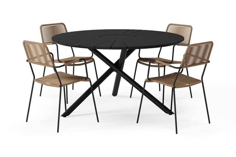 Finnhamn Matbord 140 cm Runt med 4 Lindos Matstolar - Svart - Utemöbler - Utegrupp - Matgrupper utomhus