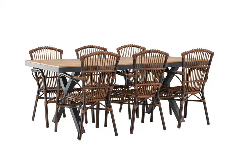 Garcia Matgrupp 200 cm + 6 st Galera Matstolar Brun/Svart - Utemöbler - Utegrupp - Matgrupper utomhus