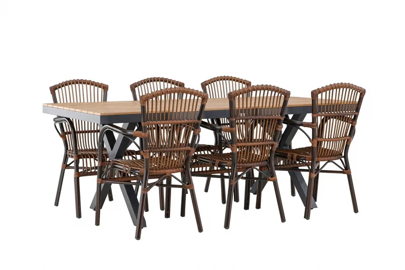 Garcia Matgrupp 200 cm + 6 st Galera Matstolar Brun/Svart - Utemöbler - Utegrupp - Matgrupper utomhus