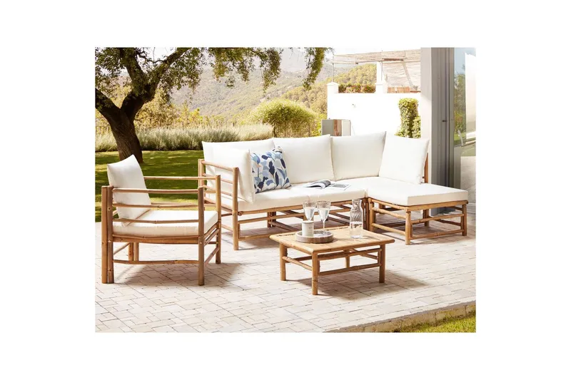 Hörnsoffa Cerreto med fåtölj Vit/ljust trä - Vit/ljust trä - Utemöbler - Utegrupp - Loungegrupp