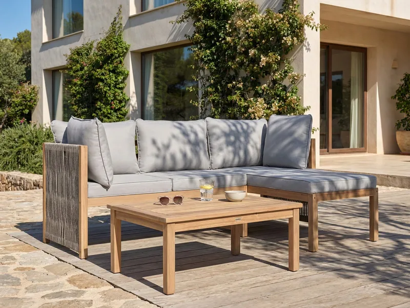 Hörnsoffa utomhus med Bord 3-Sits Arabba Vänstervänd Akaciaträ - Brun/Grå - Utemöbler - Utegrupp - Loungegrupp