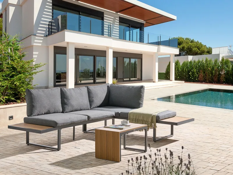 Hörnsoffa utomhus med Bord 4-Sits Pienza Högervänd - Grå/Brun/Svart - Utemöbler - Utegrupp - Loungegrupp