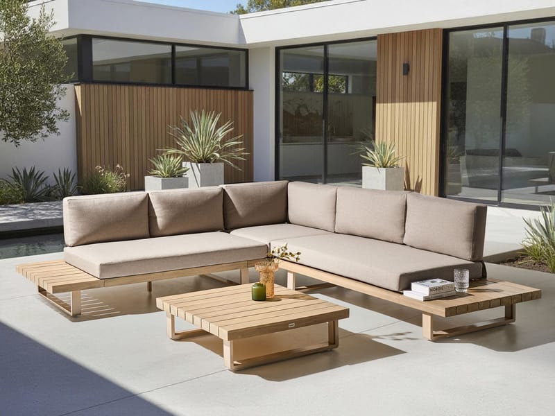 Hörnsoffa utomhus med Bord 5-Sits Mykonos Högervänd Akaciaträ - Beige/Brun - Utemöbler - Utegrupp - Loungegrupp