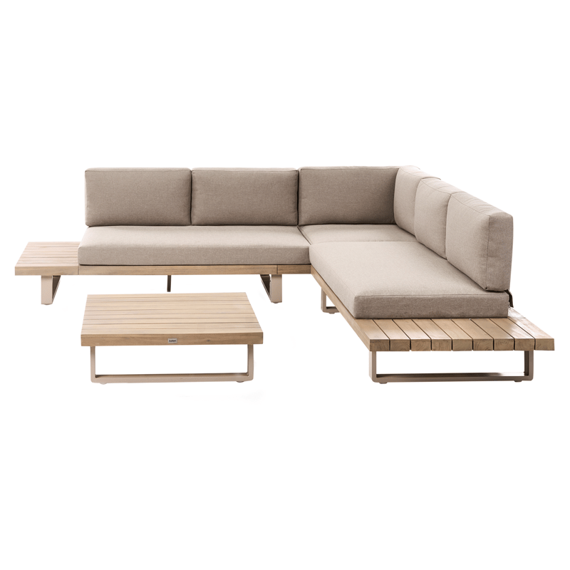 Hörnsoffa utomhus med Bord 5-Sits Mykonos Högervänd Akaciaträ, Beige/Brun