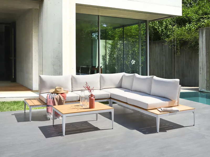 Hörnsoffa utomhus med Bord 5-Sits Positano - Vit/Brun - Utemöbler - Utegrupp - Loungegrupp