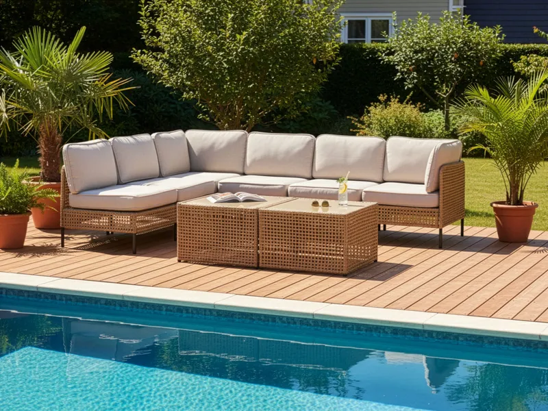Hörnsoffa utomhus med Bord 6-Sits Omegana Modulär Konstrotting - Beige/Svart - Utemöbler - Utegrupp - Loungegrupp