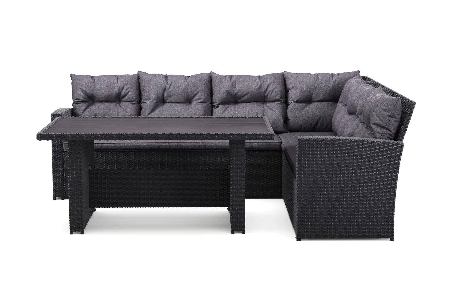 James 5-sits H&ouml;gerv&auml;nd Loungegrupp Utomhus &ndash; Soffgrupp med gr&aring; dynor och bord i konstrotting - M&ouml;rkgr&aring;/Svart