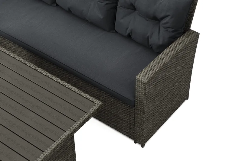 James 5-sits Vänstervänd Loungegrupp Utomhus – Soffgrupp med mörgrå dynor och bord i konstrotting - Gr å - Utemöbler - Utegrupp - Loungegrupp