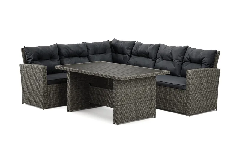 James 5-sits Vänstervänd Loungegrupp Utomhus – Soffgrupp med mörgrå dynor och bord i konstrotting - Grå - Utemöbler - Utegrupp - Loungegrupp