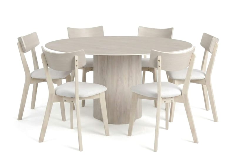Juno Matgrupp 150 cm runt Vitlaserad med 6 Amelia Matstolar med Dyna - Vitlaserad/Beige - Utemöbler - Utegrupp - Matgrupper utomhus