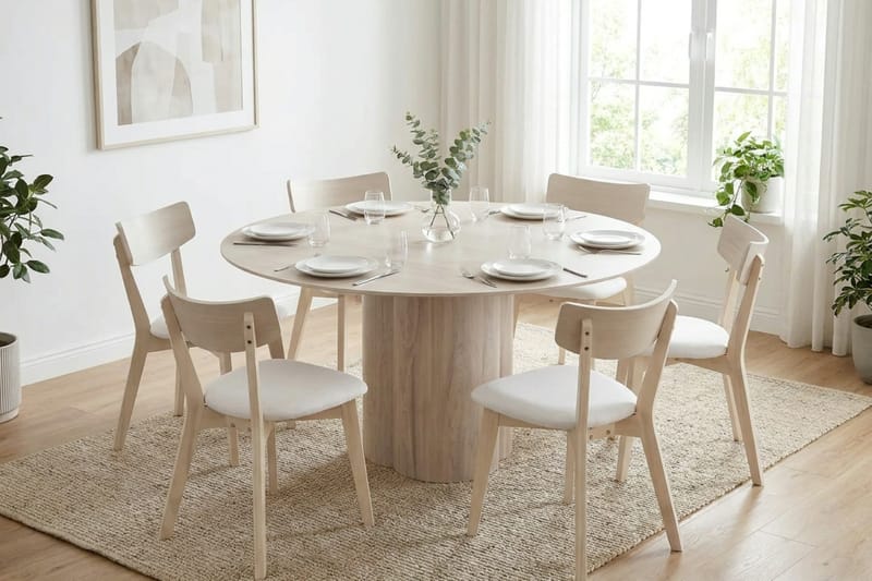 Juno Matgrupp 150 cm runt Vitlaserad med 6 Amelia Matstolar med Dyna - Vitlaserad/Beige - Utemöbler - Utegrupp - Matgrupper utomhus