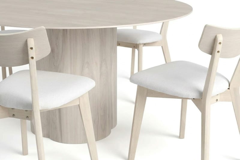Juno Matgrupp 150 cm runt Vitlaserad med 6 Amelia Matstolar med Dyna - Vitlaserad/Beige - Utemöbler - Utegrupp - Matgrupper utomhus