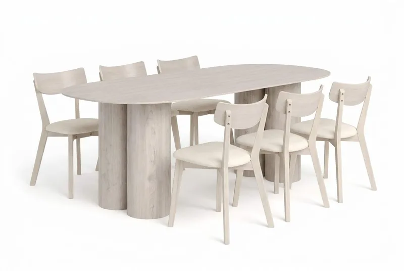 Juno Matgrupp 220 cm rektangulärt Vitlaserad med 6 Amelia Matstolar med Dyna, Vitlaserad/Beige