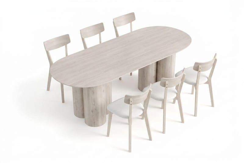 Juno Matgrupp 220 cm rektangulärt Vitlaserad med 6 Amelia Matstolar med Dyna - Vitlaserad/Beige - Utemöbler - Utegrupp - Matgrupper utomhus