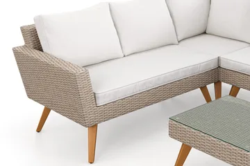 Karlskrona 5-sits Loungegrupp utomhus med vita dynor soffbord i konstrotting med glasskiva - Brun - Utemöbler - Utegrupp - Loungegrupp
