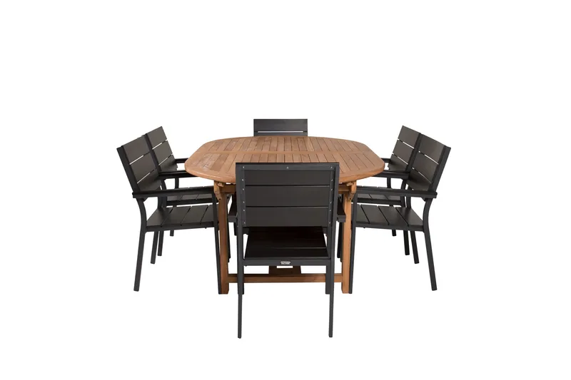 Kenya Matgrupp 180-240x120 cm + 6 Levels Stapelbar Stol, Svart/Brun