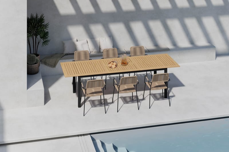 Las Vegas Förlängningsbart Matbord 220-280 cm med 6 Lindos Matstolar - Brun/Svart - Utemöbler - Utegrupp - Matgrupper utomhus