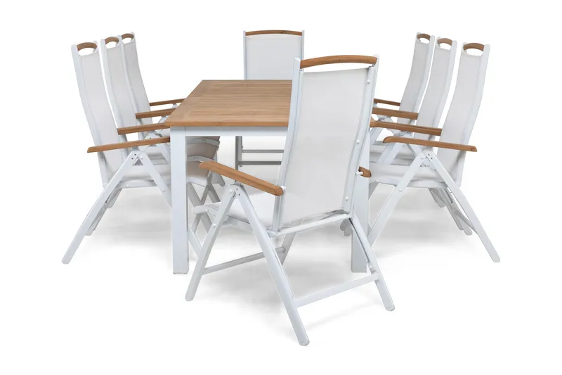 Las Vegas Matgrupp Utomhus 220-280 + 8 Positionsstol Lyx, Vit/Teak/Vit/Teak