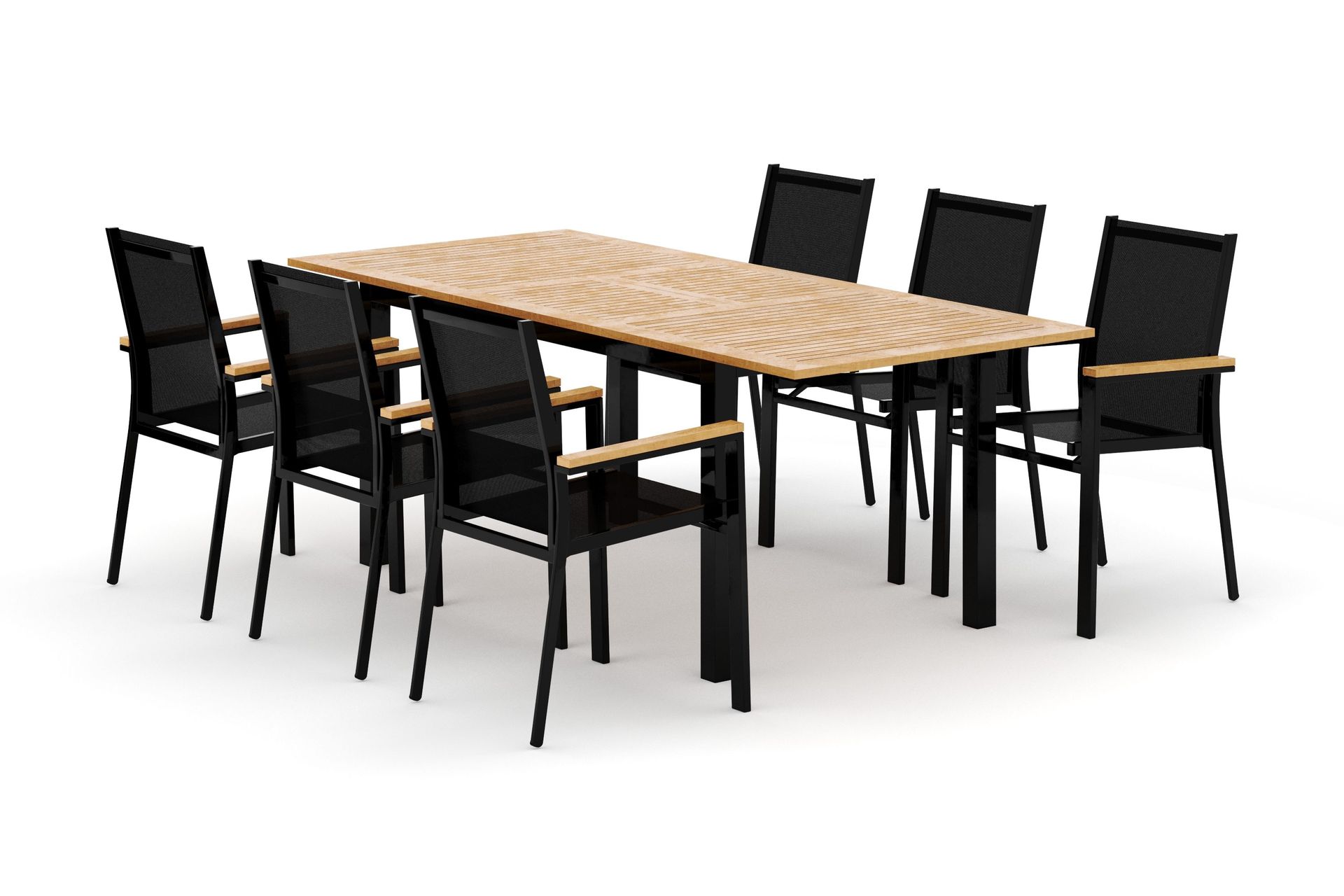 Las Vegas utomhus matgrupp f&ouml;rl&auml;ngningsbart 152-210x90 cm med 6 Las Vegas stapelstolar - Svart