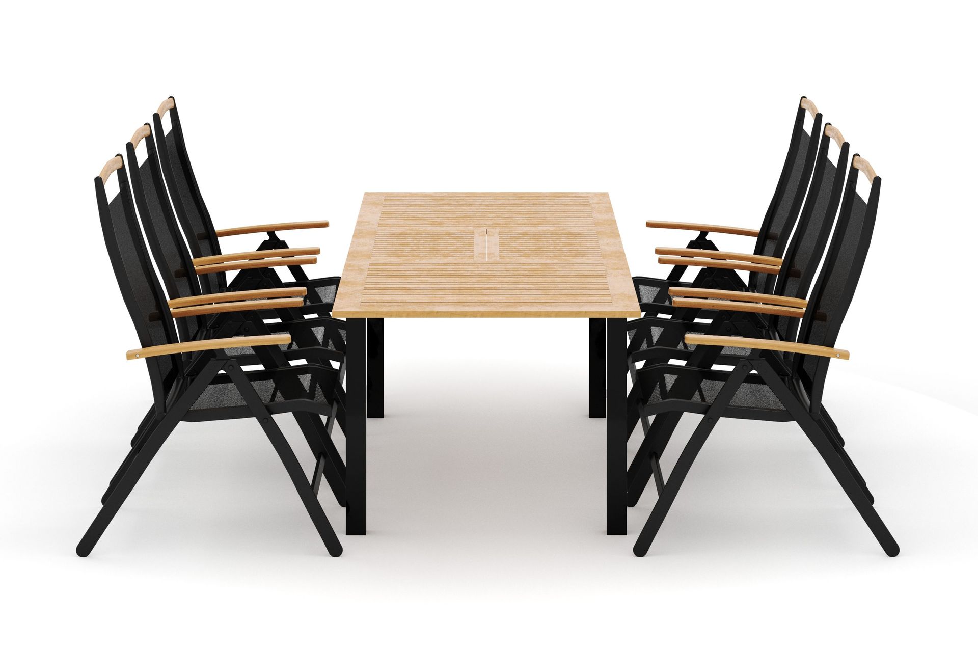 Las Vegas utomhus matgrupp f&ouml;rl&auml;ngningsbart 152-210x90 cm med 6 Las Vegas positionsstolar - Svart