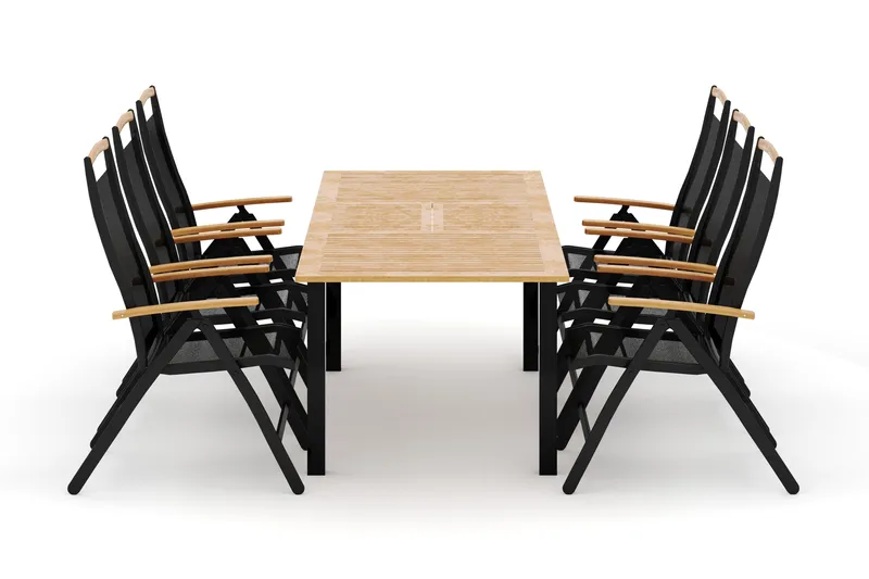 Las Vegas utomhus matgrupp förlängningsbart 152-210x90 cm med 6 Las Vegas positionsstolar, Svart