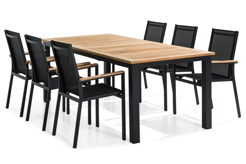 Las Vegas utomhus matgrupp förlängningsbart 220x280x100 cm med 6 Las Vegas stapelstolar, Svart