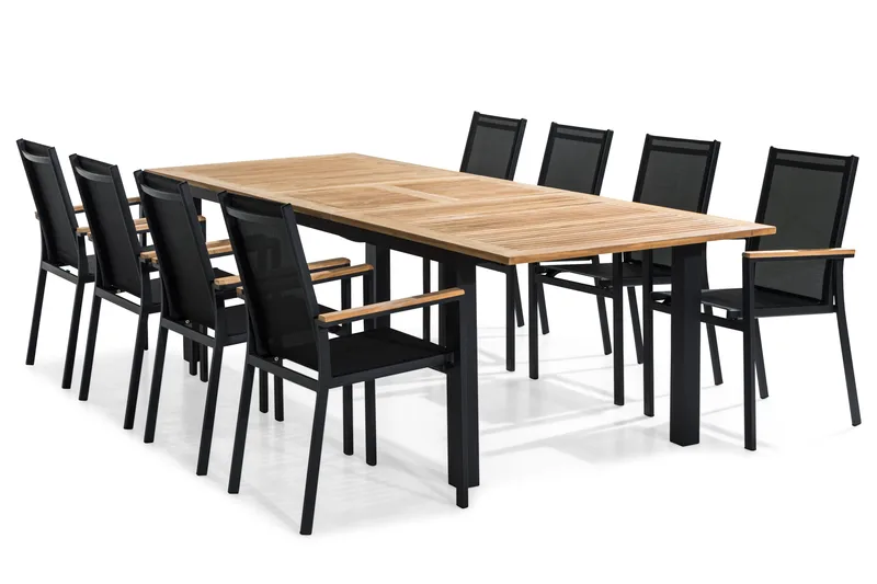 Las Vegas utomhus matgrupp förlängningsbart 220x280x100 cm med 8 Las Vegas stapelstolar, Svart