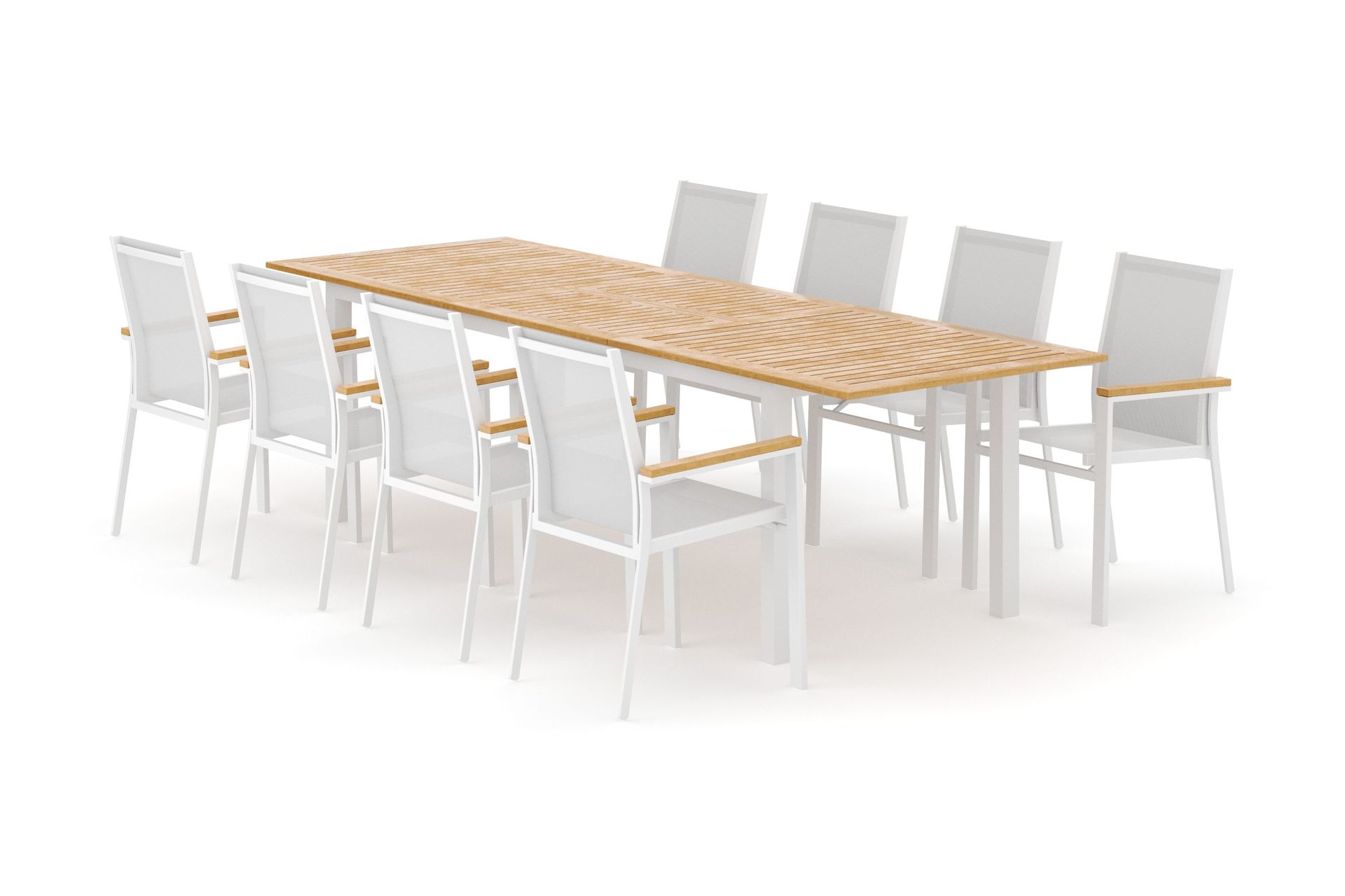 Las Vegas utomhus matgrupp f&ouml;rl&auml;ngningsbart 220x280x100 cm med 8 Las Vegas stapelstolar - Vit