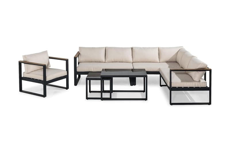 ASPVIK Loungegrupp Utomhus Svart/Teak - Svart / Beiga dynor - Utemöbler - Utegrupp - Loungegrupp