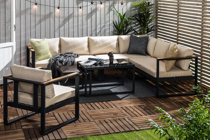 ASPVIK Loungegrupp Utomhus Svart/Teak - Svart / Beiga dynor - Utemöbler - Utegrupp - Loungegrupp