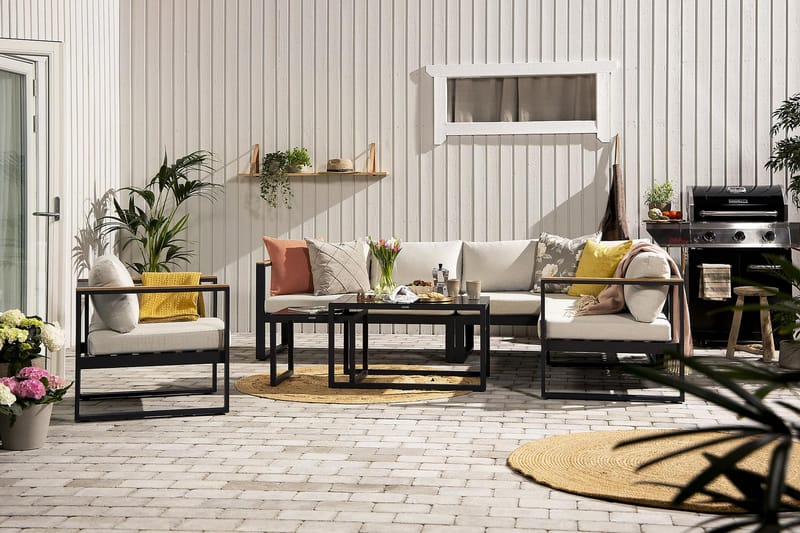 ASPVIK Loungegrupp Utomhus Svart/Teak - Svart / Beiga dynor - Utemöbler - Utegrupp - Loungegrupp