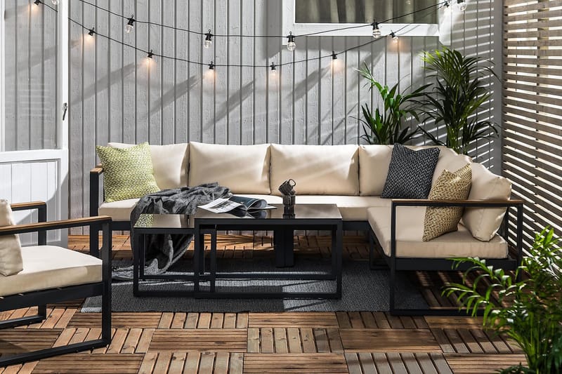 ASPVIK Loungegrupp Utomhus Svart/Teak - Svart / Beiga dynor - Utemöbler - Utegrupp - Loungegrupp
