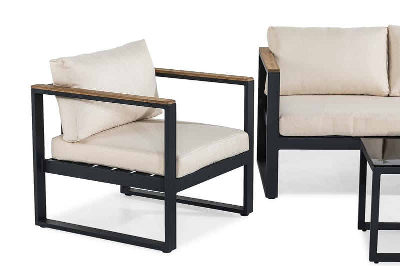 ASPVIK Loungegrupp Utomhus Svart/Teak - Svart / Beiga dynor - Utemöbler - Utegrupp - Loungegrupp