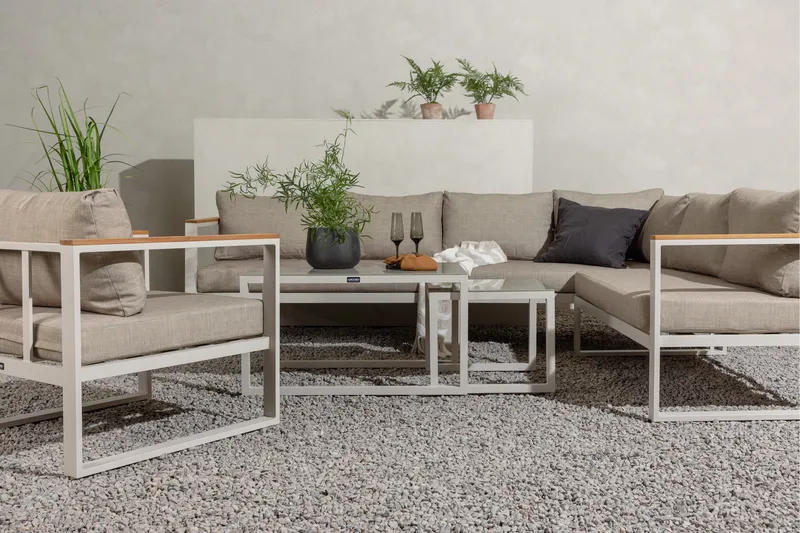 Aspvik Stor Loungegrupp Utomhus – 7-sits Loungeset i Aluminium - Grå / Beigea dynor - Utemöbler - Utegrupp - Loungegrupp